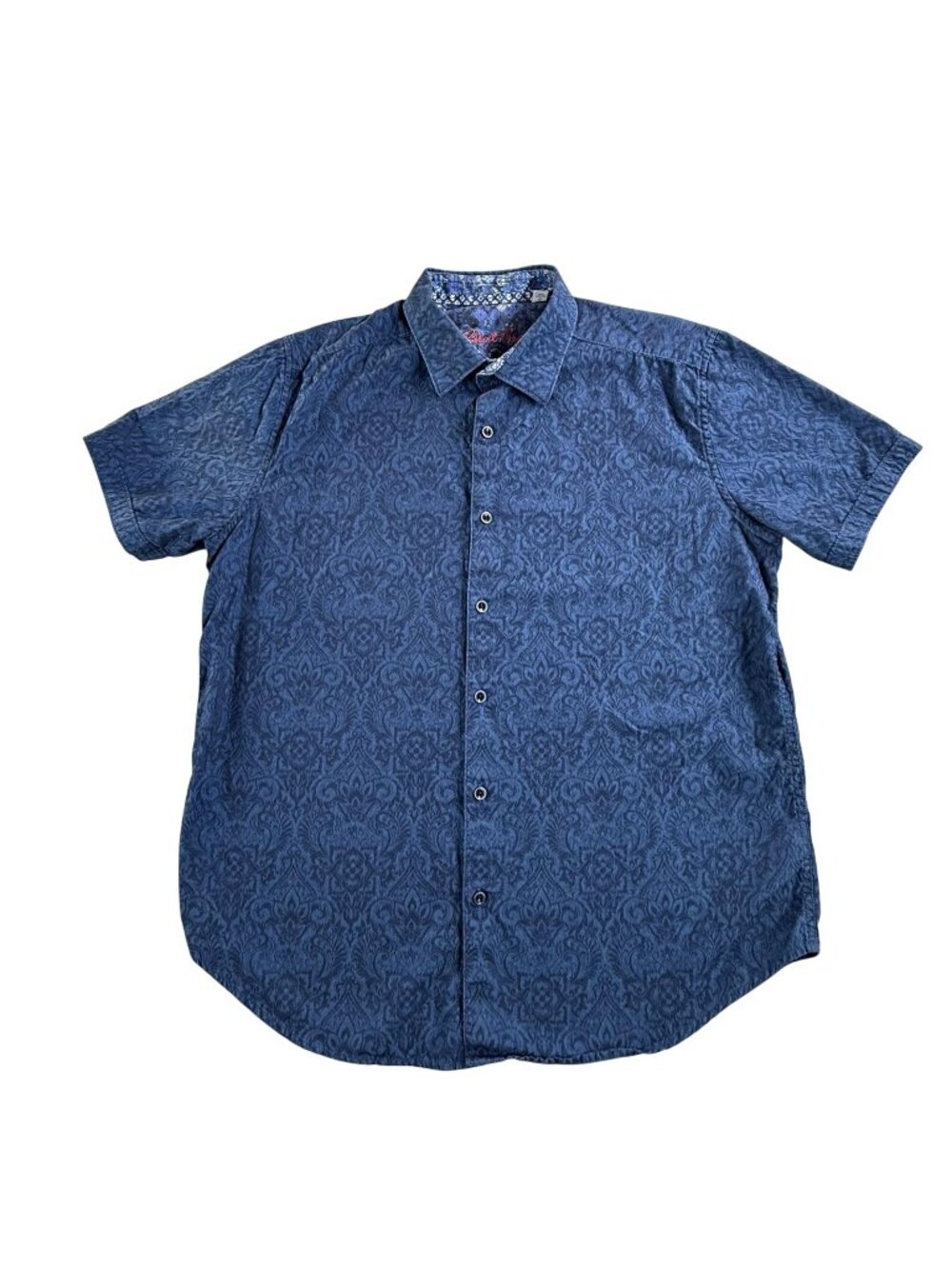 Robert Graham Shirt Men Large Blue Damask Short Sleeve Button Up Classic Casual